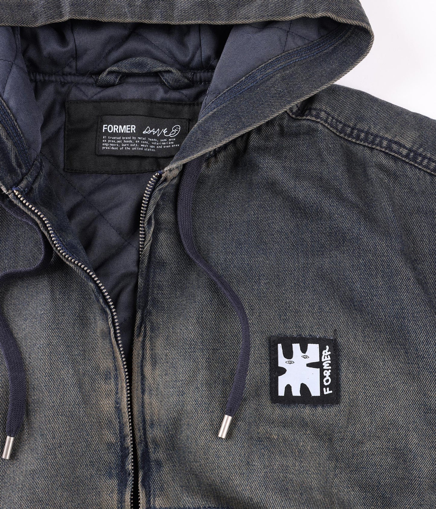 ENIGMA HOODED DENIM JACKET // DARK BLUE – FORMER MERCHANDISE